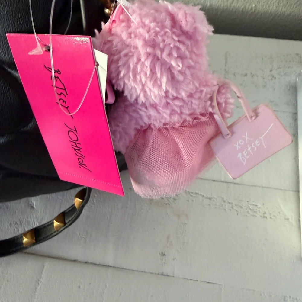 Betsey Johnson Xomia black heart quilted bag gold-tone hardware pink bear charm